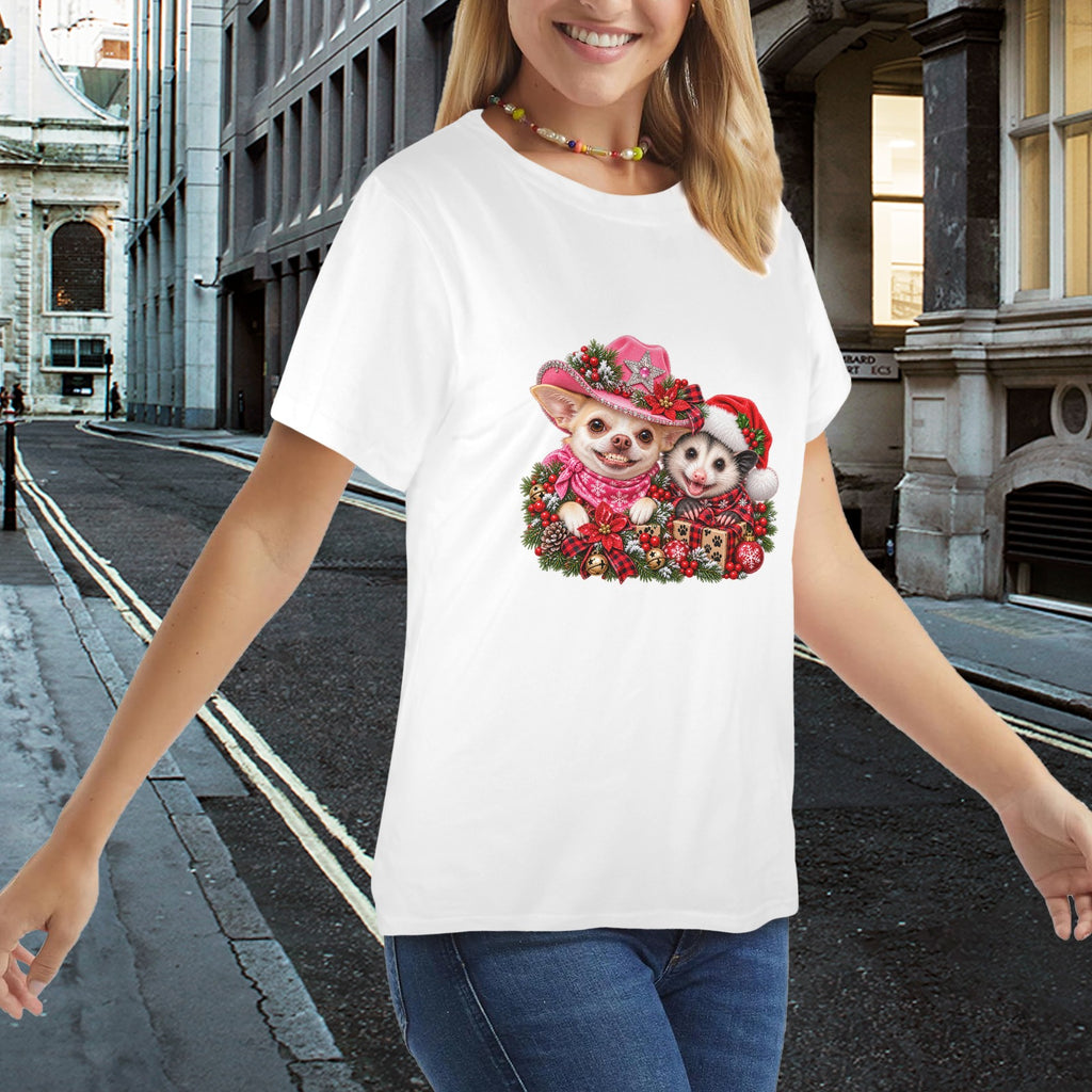 Coco & Pete’s Christmas Shenanigans Ladies T-Shirt – Funny Western Chihuahua & Possum Holiday Tee