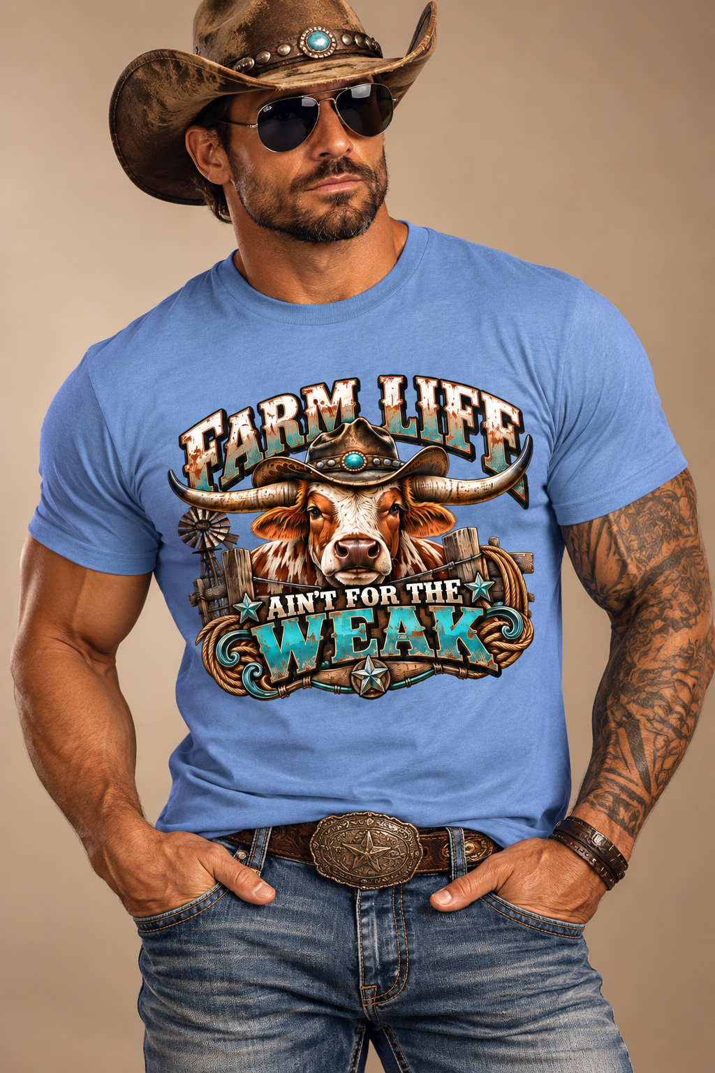 Farm Life Ain’t for the Weak Men’s Western T-Shirt – Longhorn Cowboy Ranch Graphic Tee