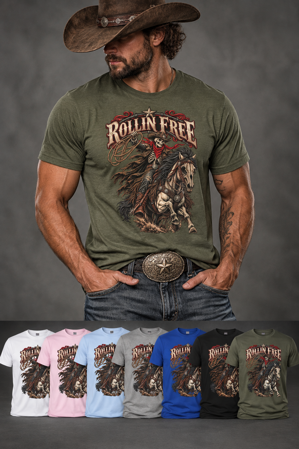Rollin' Free Skeleton Cowboy Tee — Unisex Western Graphic T-Shirt