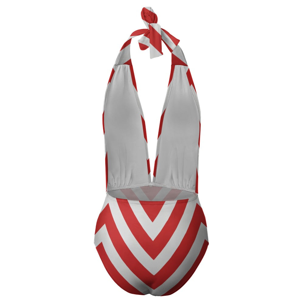 "The Monaco" — Red Chevron Halter One-Piece Swimsuit