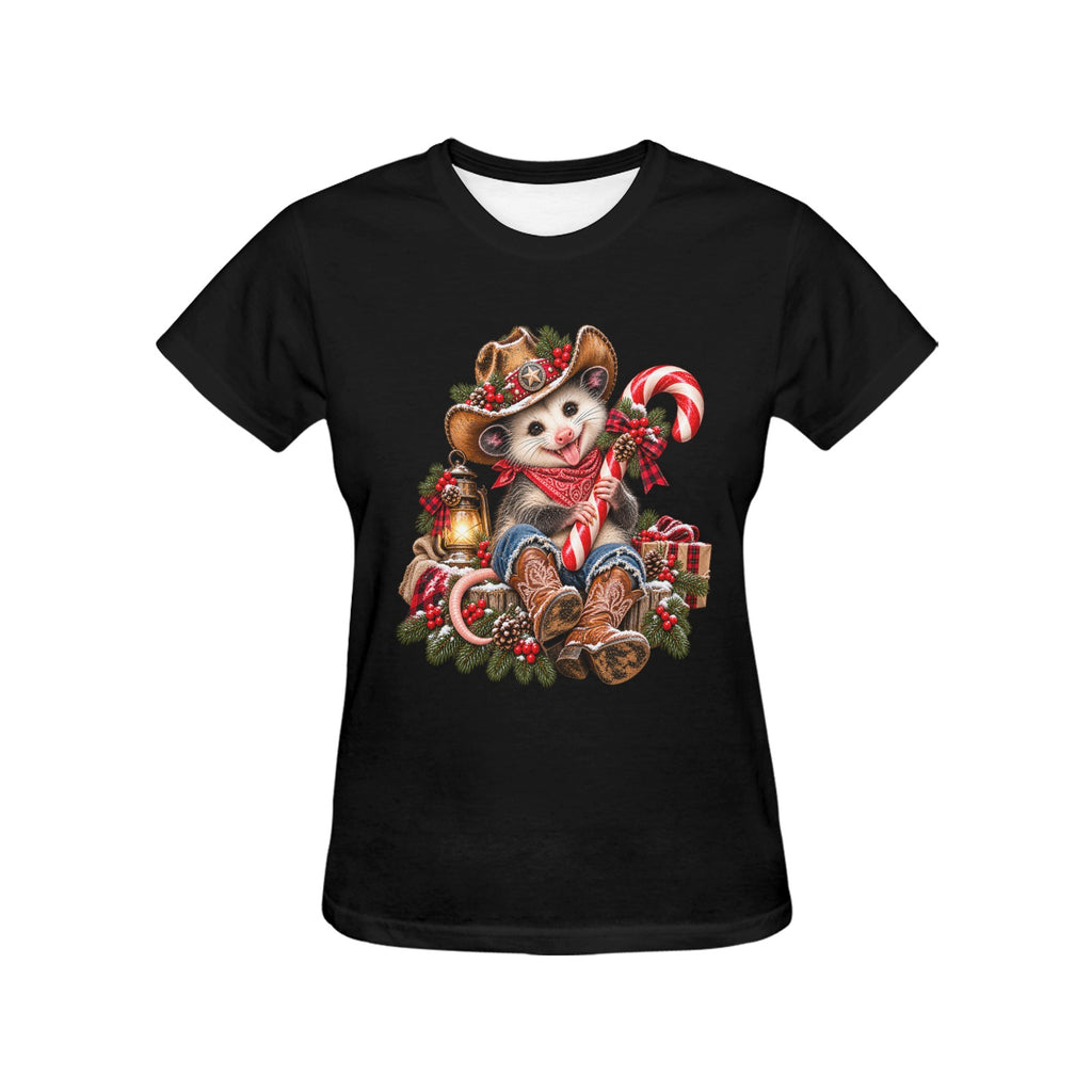 Pete the Possum Candy Cane Women’s Christmas Tee – Western Cowboy Holiday Shirt