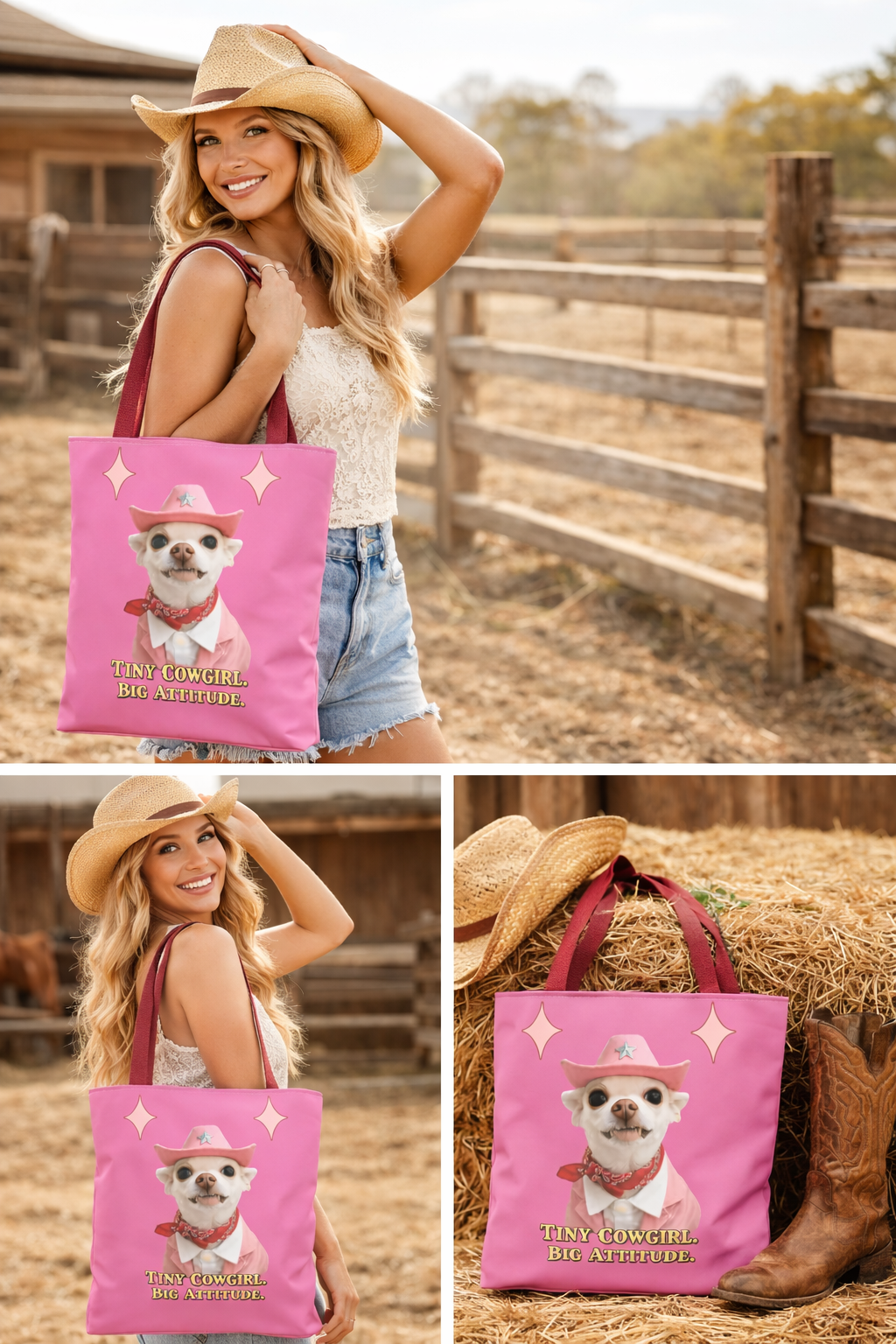 Tiny Cowgirl Tote Bag — Coco Cute Pink Chihuahua   Big Attitude” ON WOLF HILL RANCH