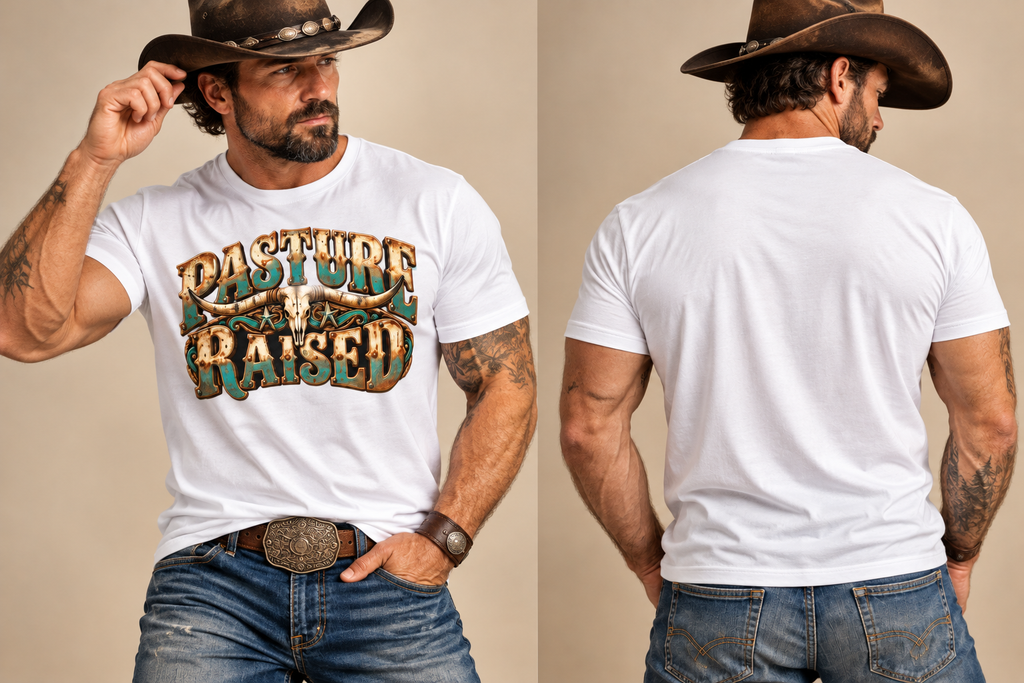 Pasture Raised Men’s T-Shirt  Vintage Western Longhorn Skull Ranch Graphic Tee