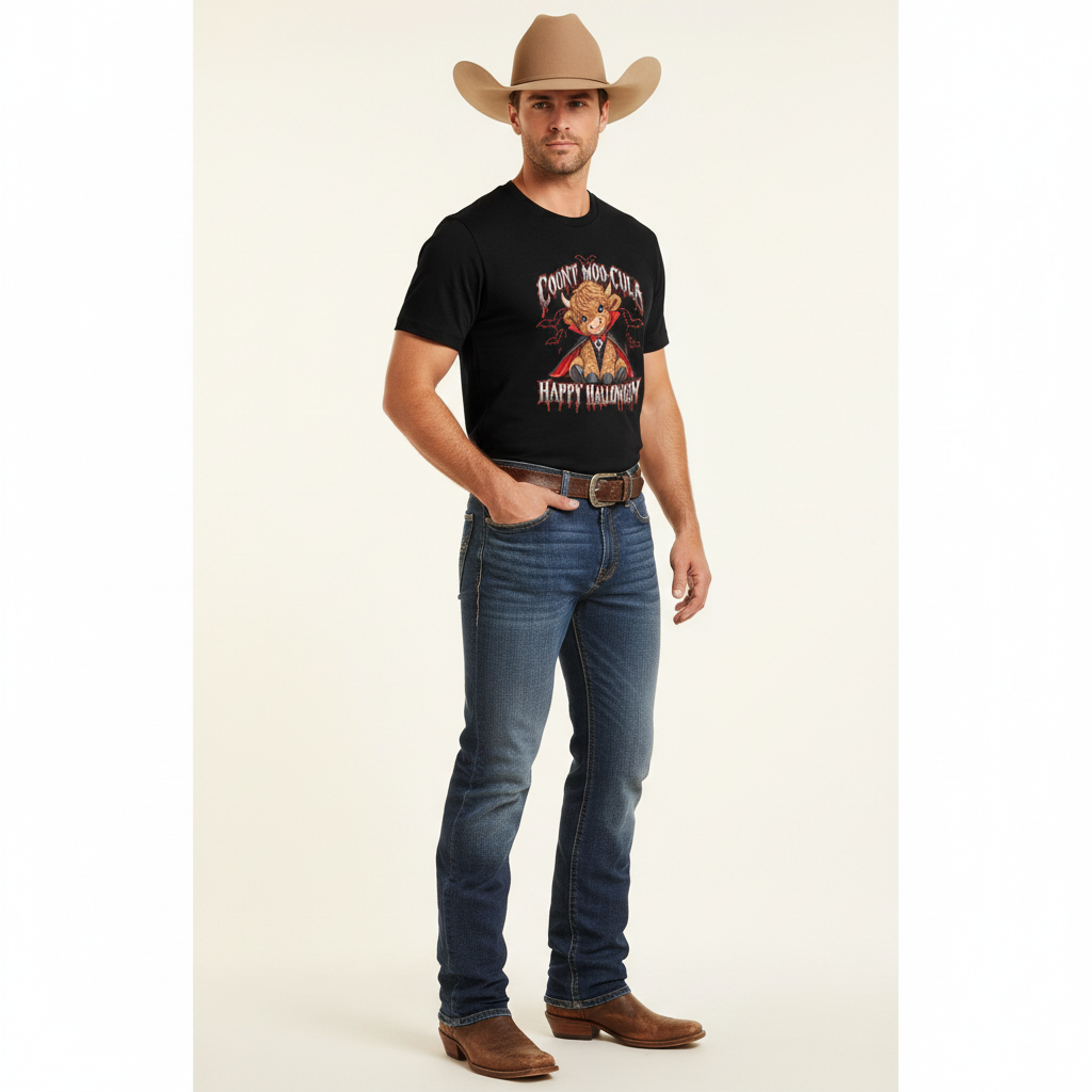 Adult cowboy wearing the Count Moo-Cula tee