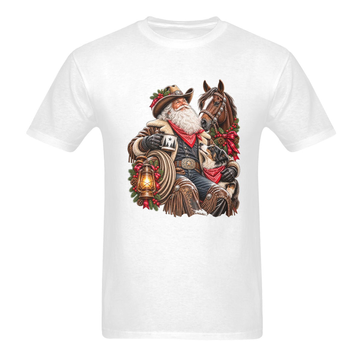 Cowboy Santa Men’s Christmas Tee – Western Ranch Santa Horse & Dog Holiday Shirt                                                                                           （Made in USA，Ships to USA Only）