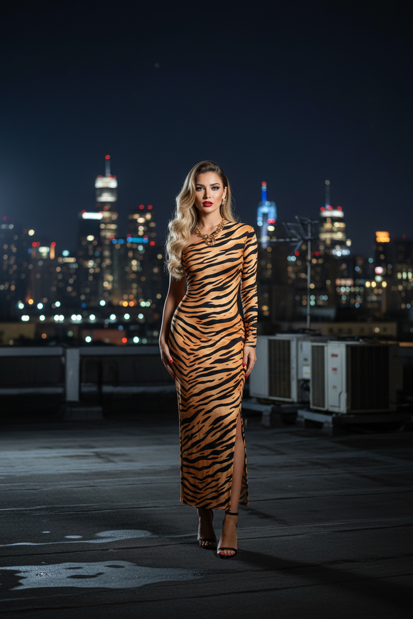 After Dark Tiger Midi Dress — Rooftop Night