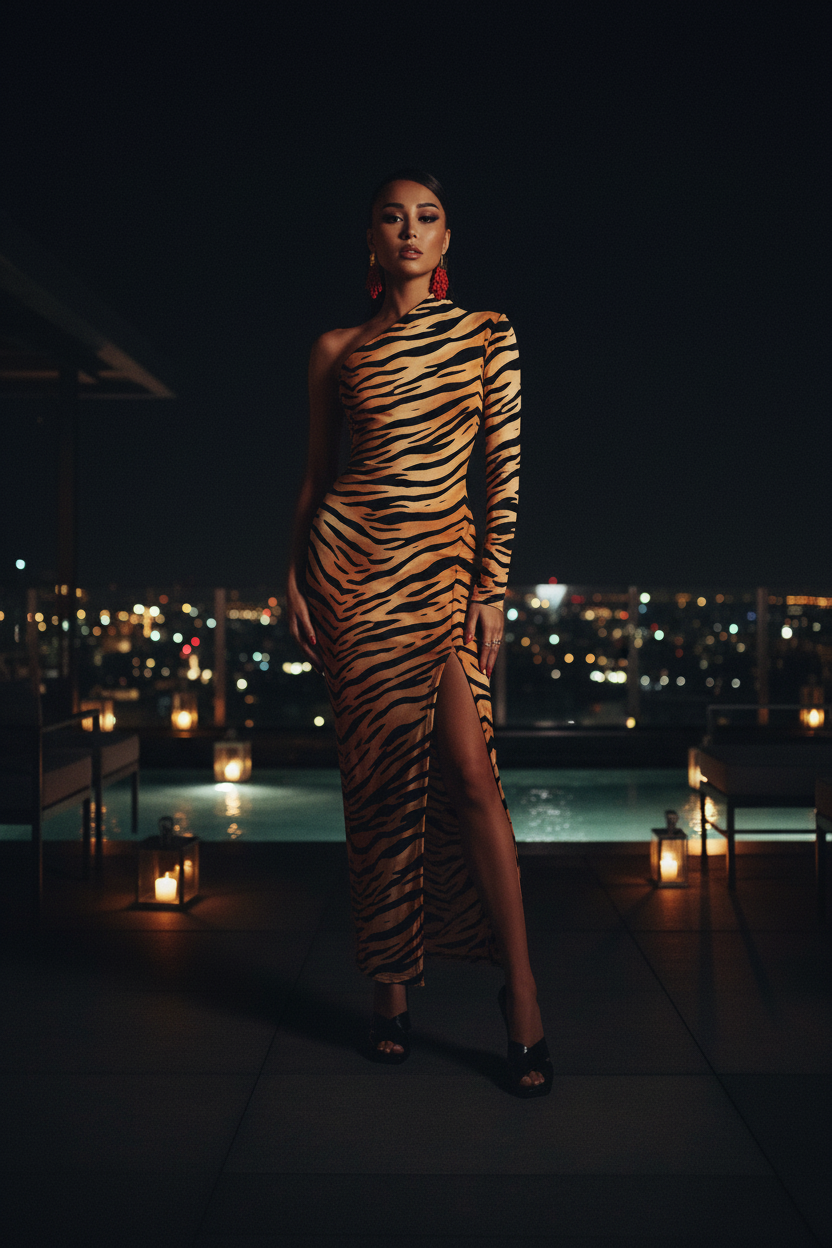 After Dark Tiger Midi Dress — Rooftop Night