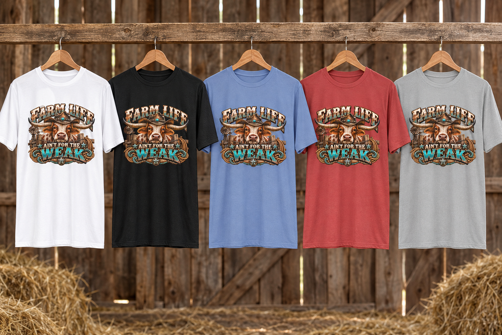 All five Farm Life Ain’t for the Weak tees hanging loose in a rustic western barn