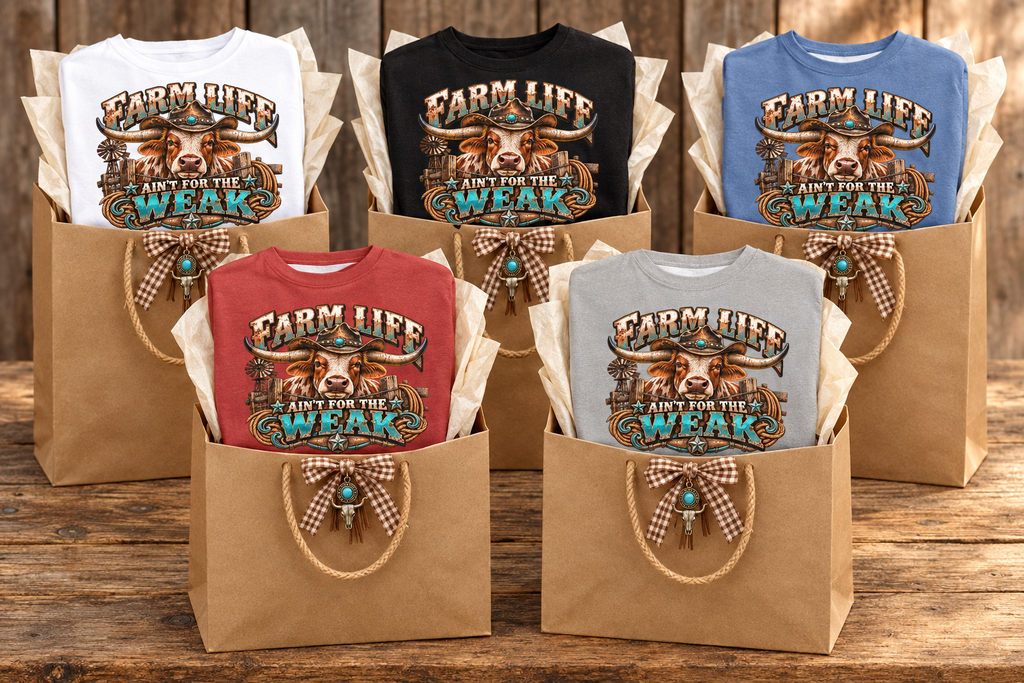 All five Farm Life Ain’t for the Weak tees styled in western gift bags