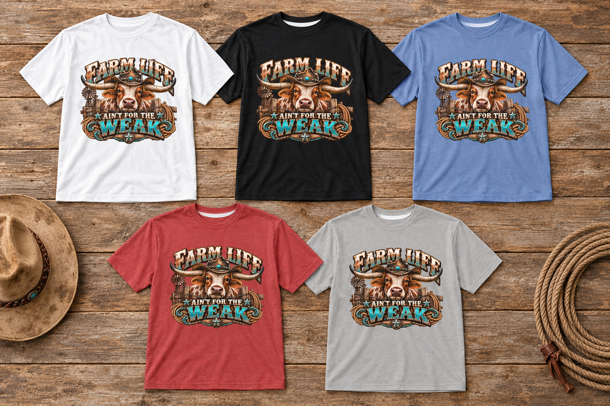 All five Farm Life Ain’t for the Weak tees together in a western flat lay