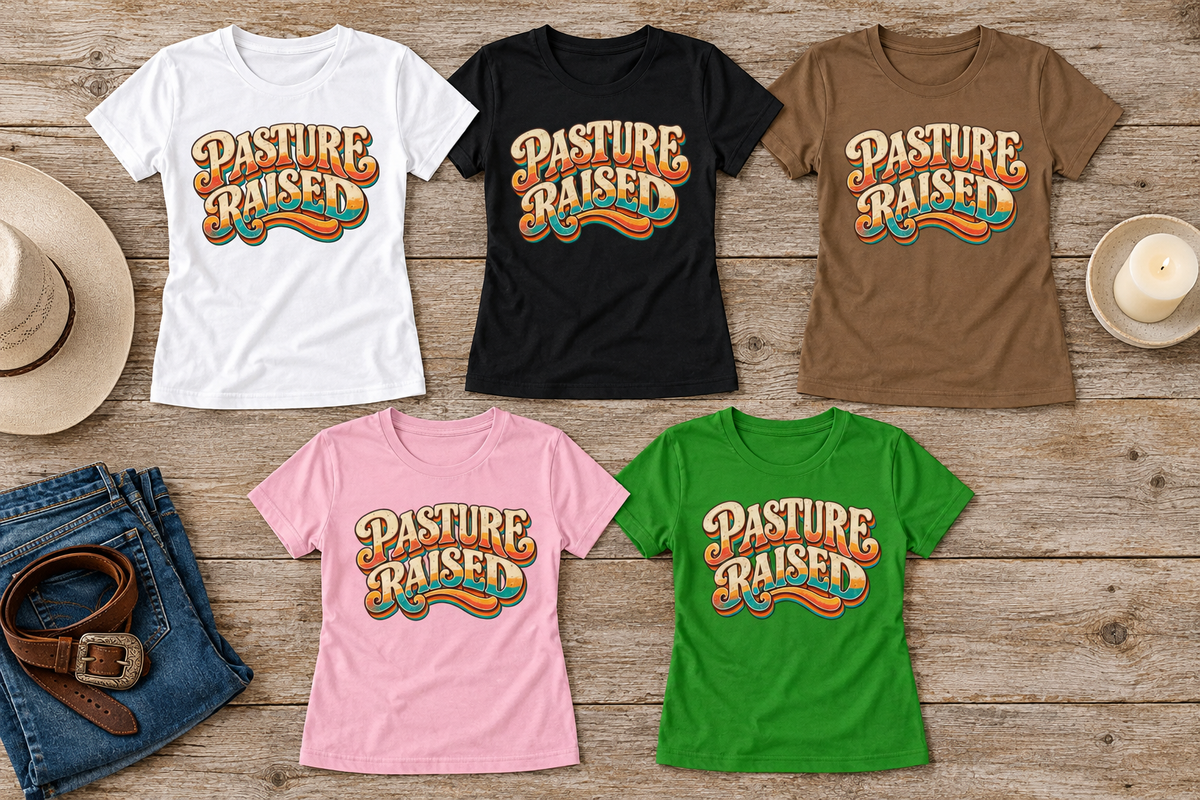 All five Pasture Raised tee colors in a western flat lay with a hat, jeans, belt, and candle