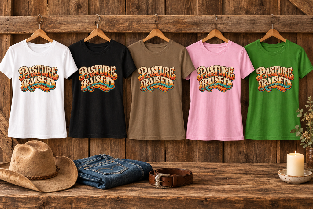 All five Pasture Raised tees on wooden hangers with a western hat, jeans, belt, and candle