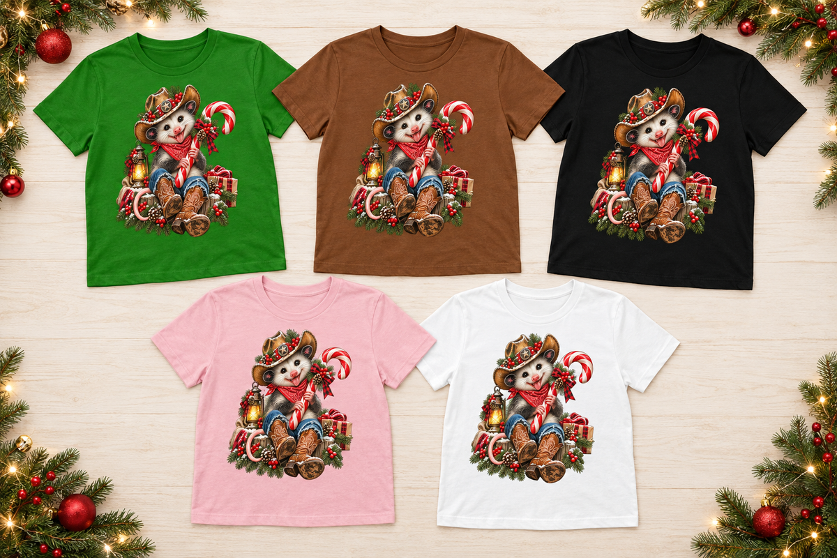 All five Pete the Possum tee colors in a Christmas flat-lay mockup