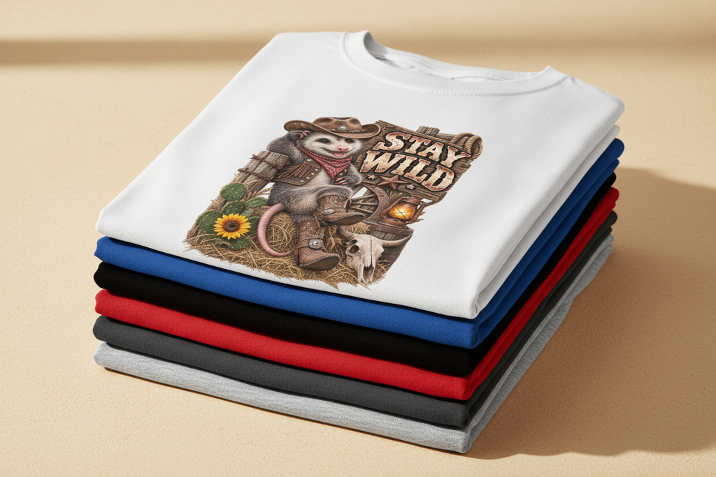 All five Stay Wild tee colors folded in a stack
