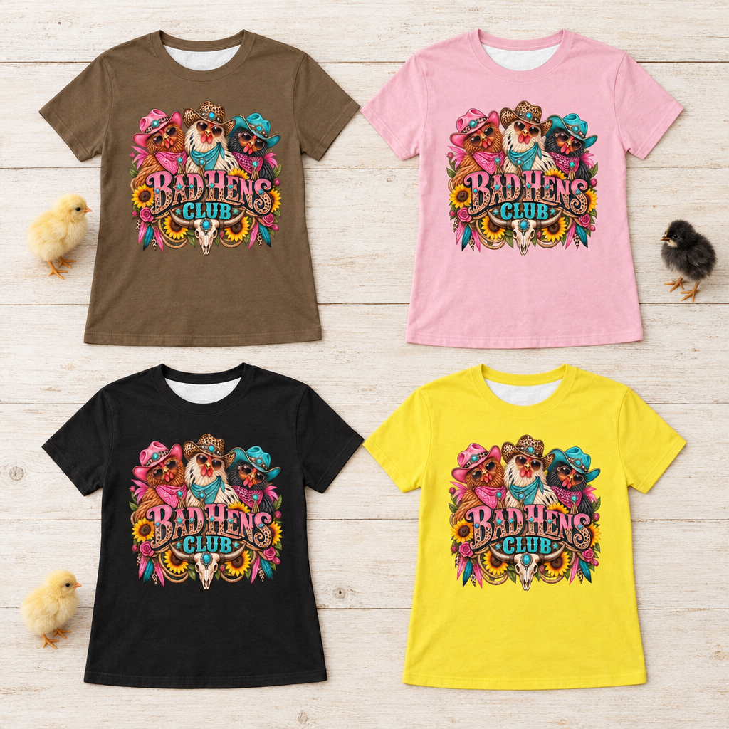 All four Bad Hens Club tee colors laid flat with baby chicks beside them