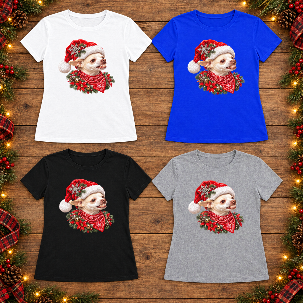 All four Coco Christmas tees on a rustic western Christmas backdrop