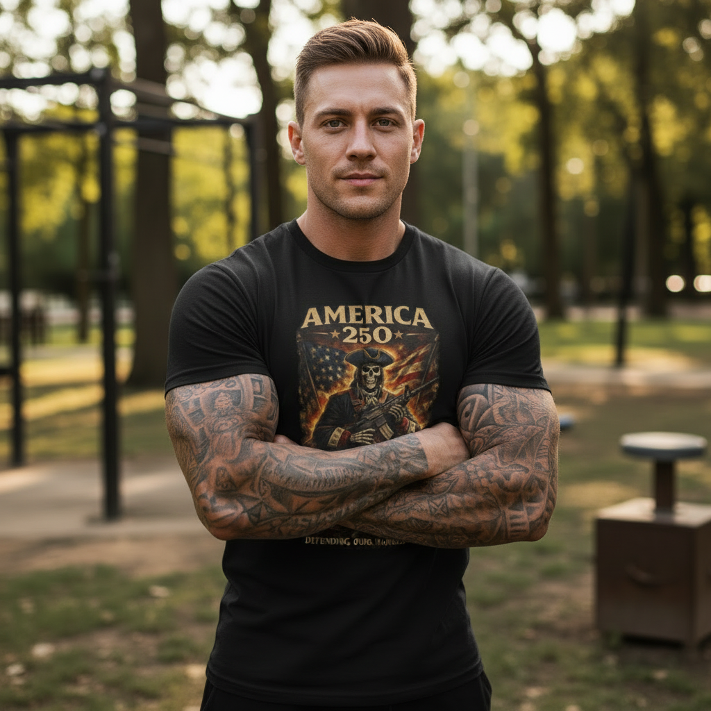 AMERICA 250 Black Crew Tee - Muscular Man Different Pose