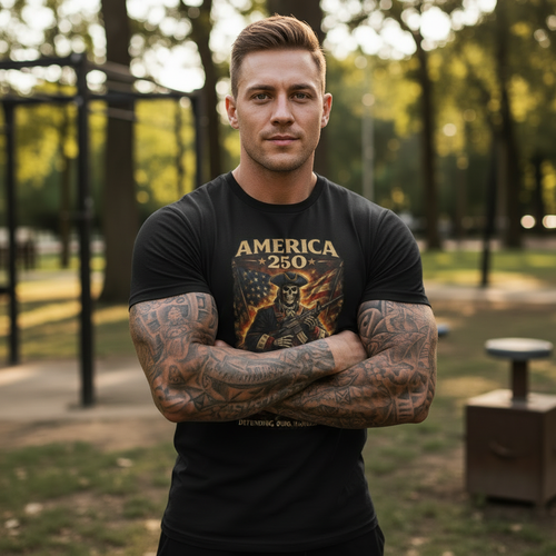 AMERICA 250 Black Crew Tee - Muscular Man Different Pose