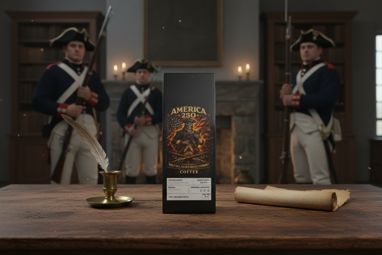 America 250 Coffee with Colonial Soldiers