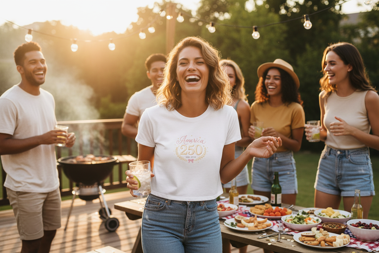 America 250 Tee — Women's Patriotic 250th Anniversary Crop Top