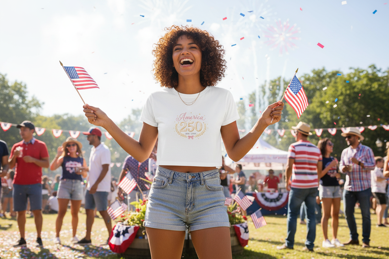 America 250 Tee — Women's Patriotic 250th Anniversary Crop Top