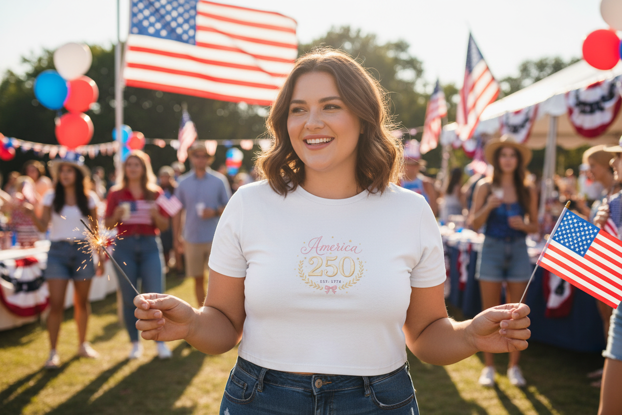 America 250 Tee — Women's Patriotic 250th Anniversary Crop Top