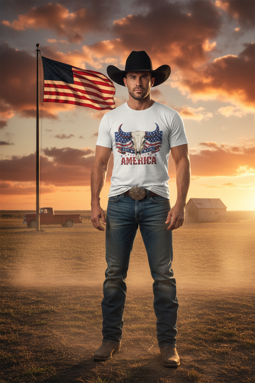 America Skull Tee - Cowboy Male