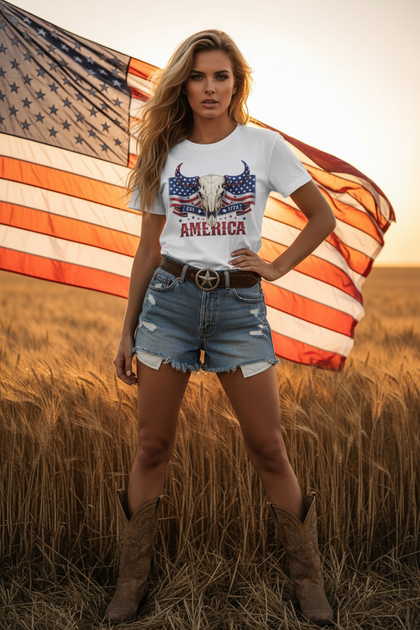 America Skull Tee - Cowgirl Female