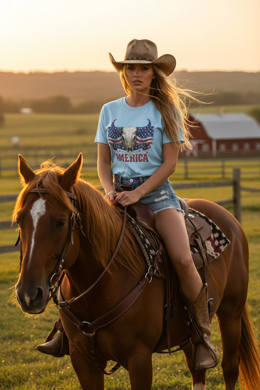 America Skull Tee - Cowgirl on Horse