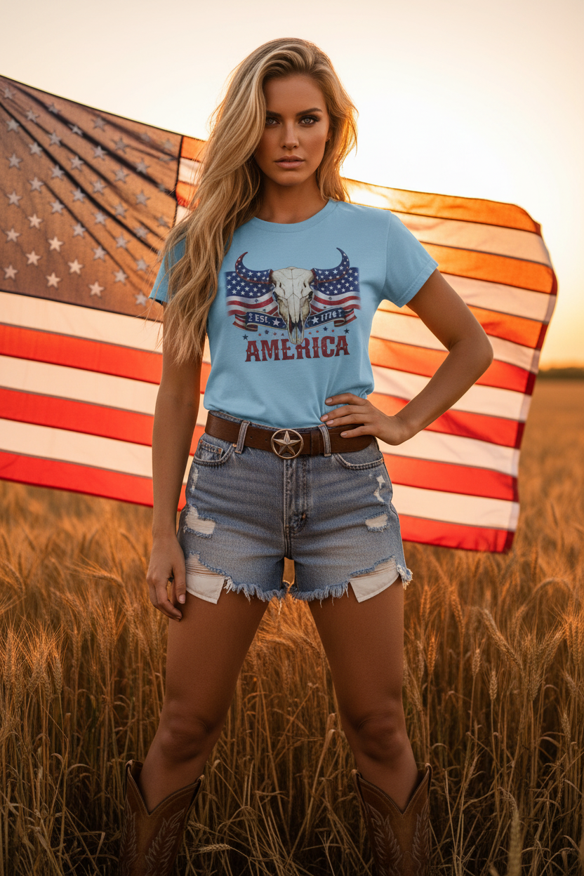 America Skull Tee - Female Light Blue
