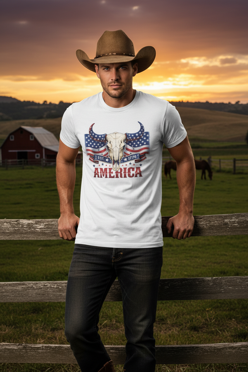 America Skull Tee - Handsome Cowboy on Farm