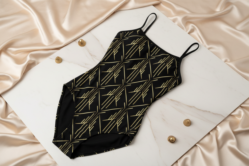 Art Deco gold geometric swimsuit elegant flat lay