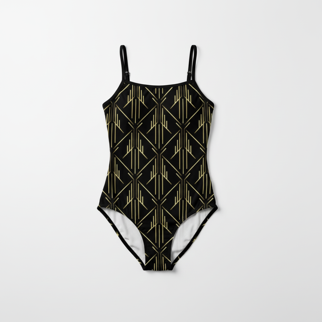 Art Deco gold geometric swimsuit flat lay