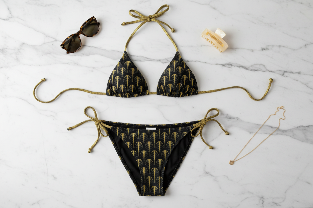 Art Deco gold scales bikini elegant flat lay