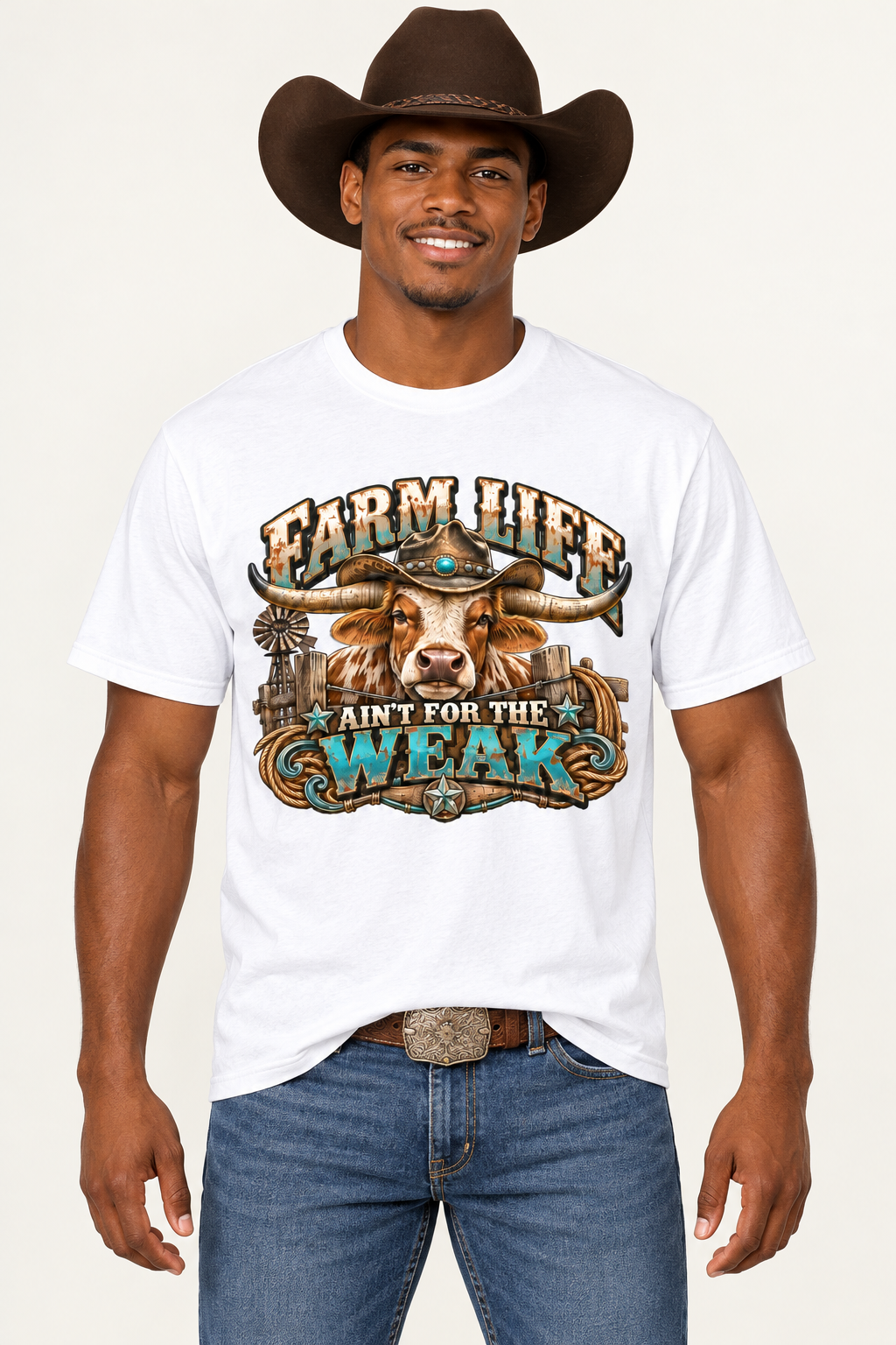 Athletic young adult Black cowboy wearing the white Farm Life Ain’t for the Weak tee