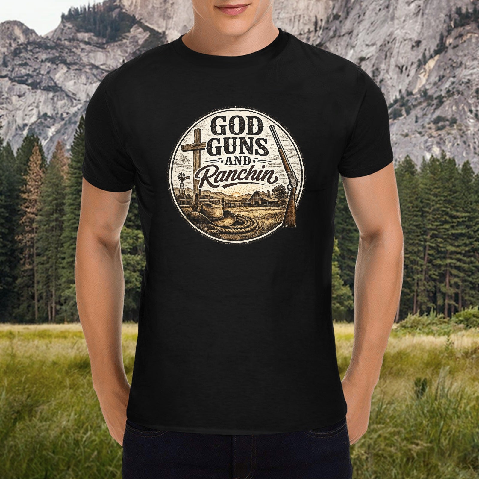 Men -God Guns and Ranchin Tee