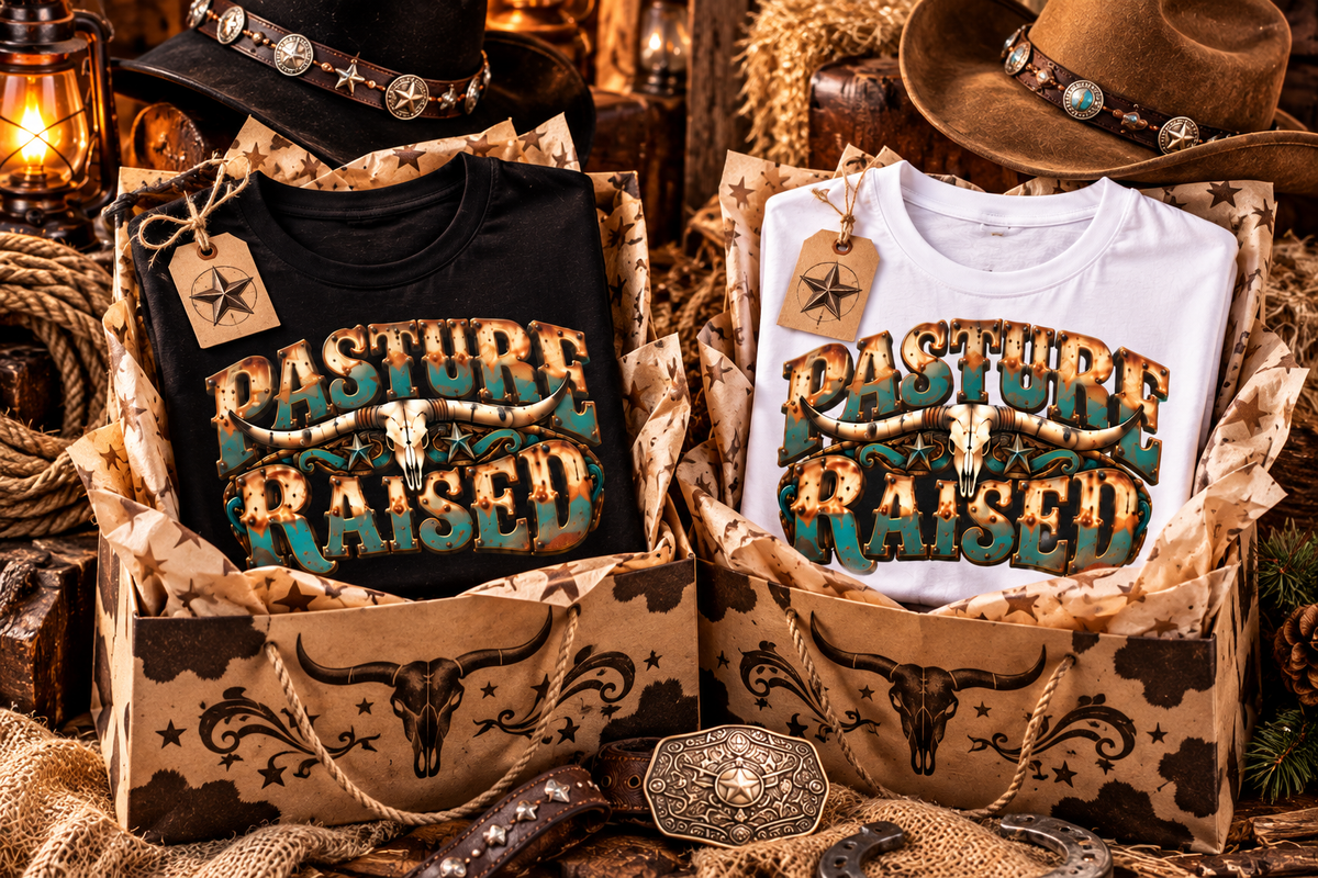 Pasture Raised Men’s T-Shirt  Vintage Western Longhorn Skull Ranch Graphic Tee