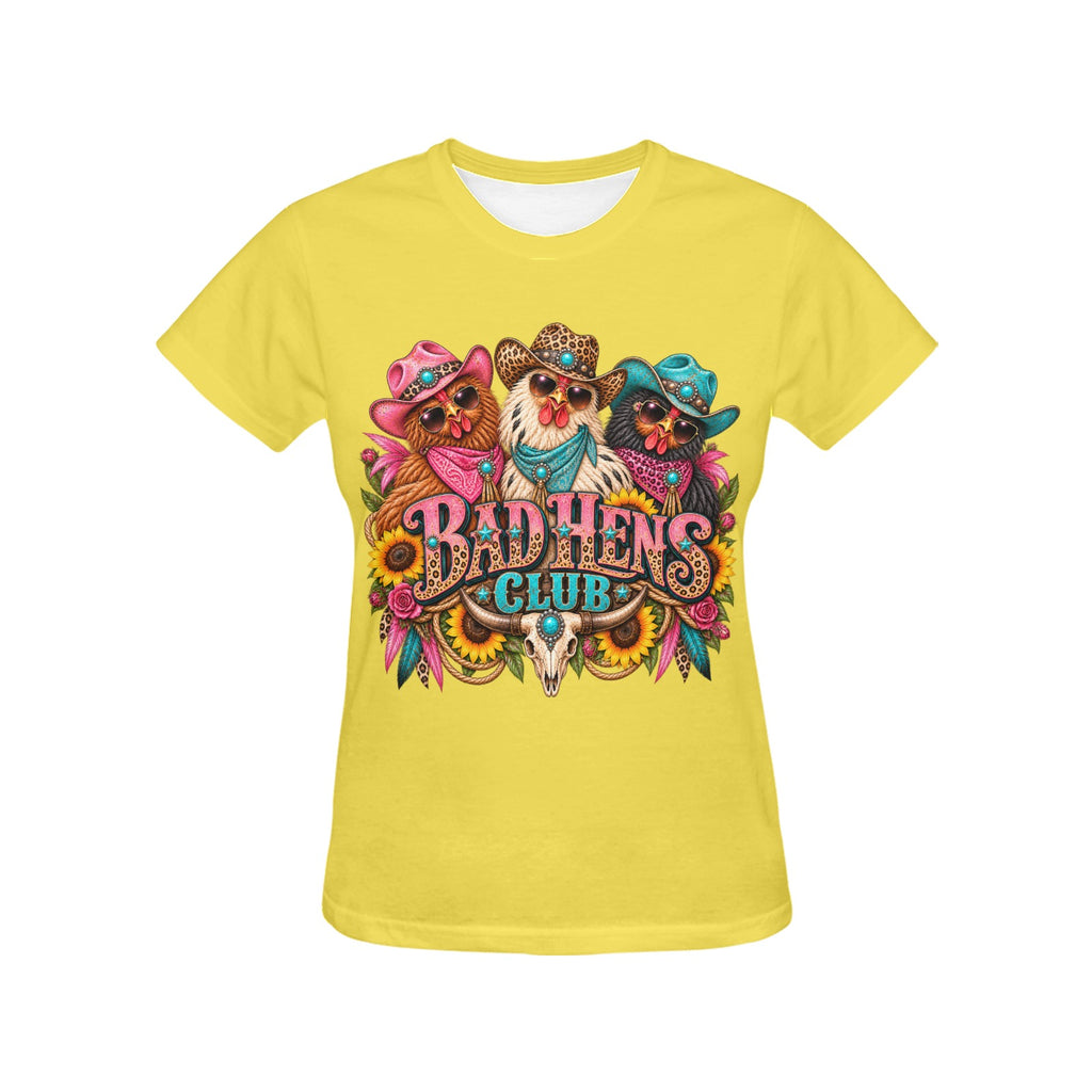 Bad Hens Club Women’s T-Shirt – Funny Western Chicken Cowgirl Graphic Tee