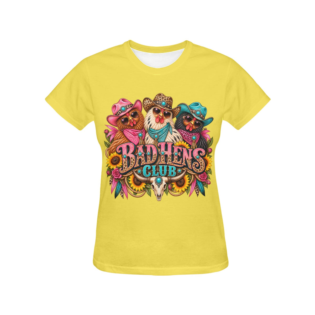 Bad Hens Club Women’s T-Shirt – Funny Western Chicken Cowgirl Graphic Tee