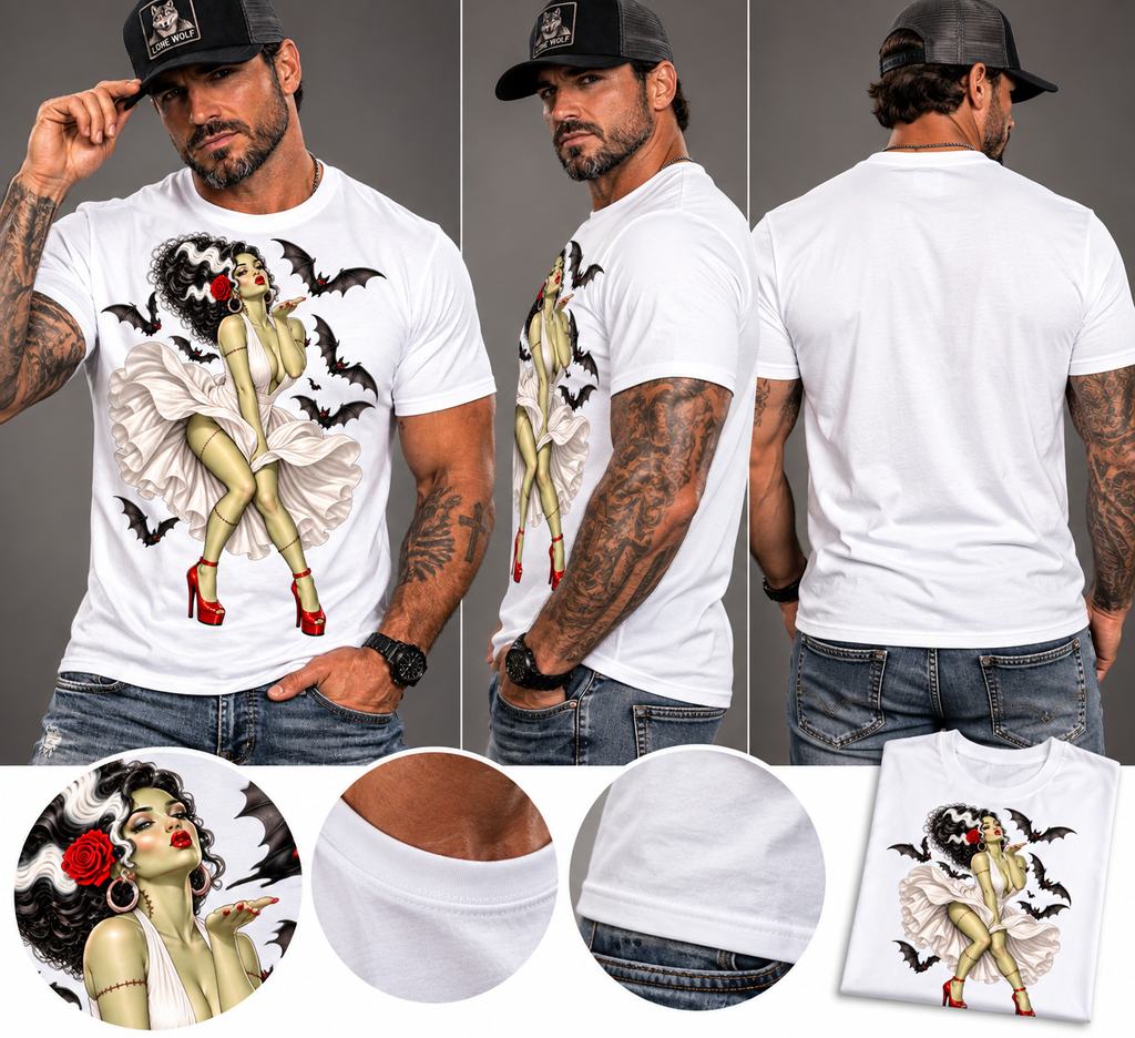 Stitched & Spellbound Men’s Halloween T-Shirt – Vintage Monster Bride Pin-Up Tee