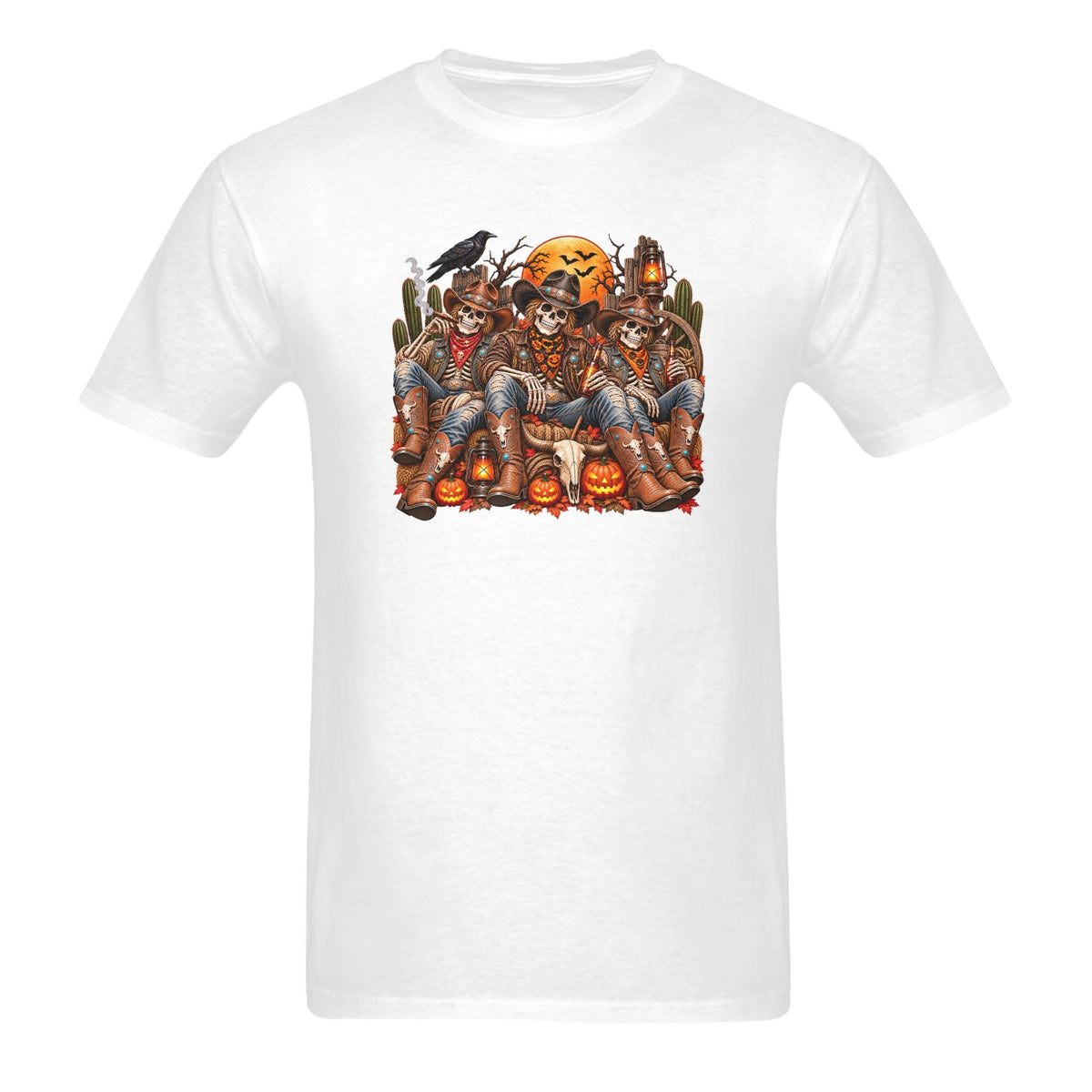 Western Outlaw Skeletons Men’s Halloween T-Shirt – Cowboy Ranch Spooky Graphic