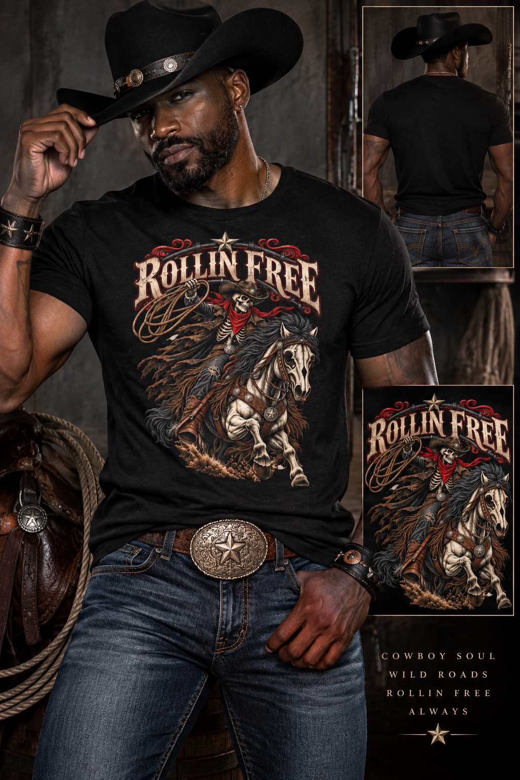 Rollin' Free Skeleton Cowboy Tee — Unisex Western Graphic T-Shirt