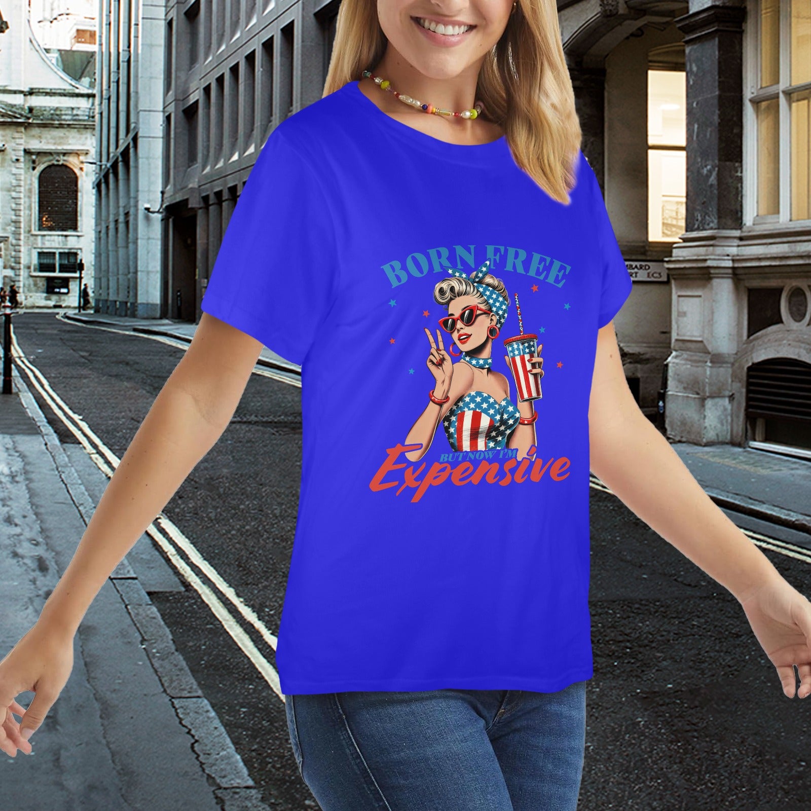 Born Free But Now I'm Expensive  Patriotic Pin-Up Graphic T-Shirt ladies