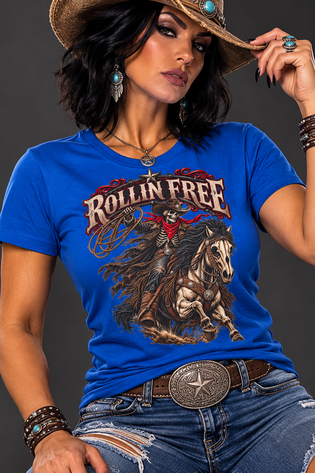 Rollin' Free Skeleton Cowboy Tee — Unisex Western Graphic T-Shirt