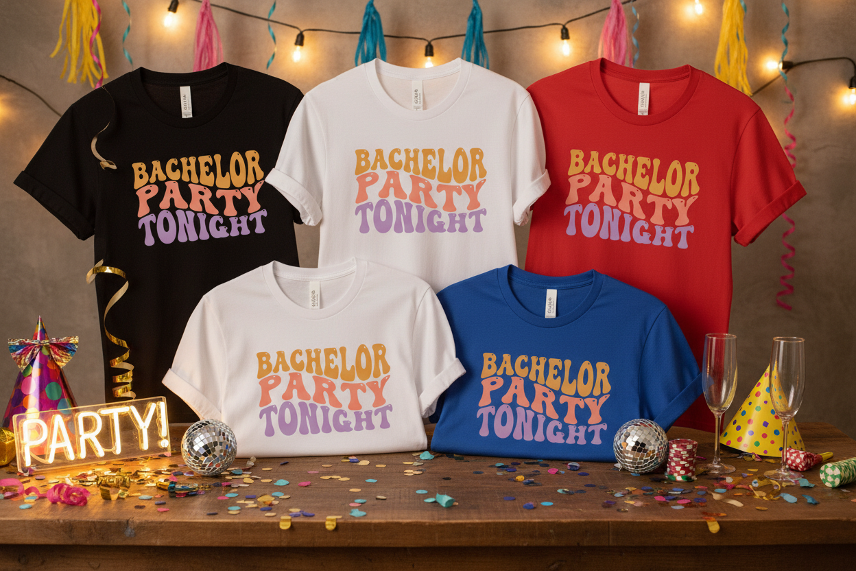 Bachelor Party Tonight tees colorful party table display