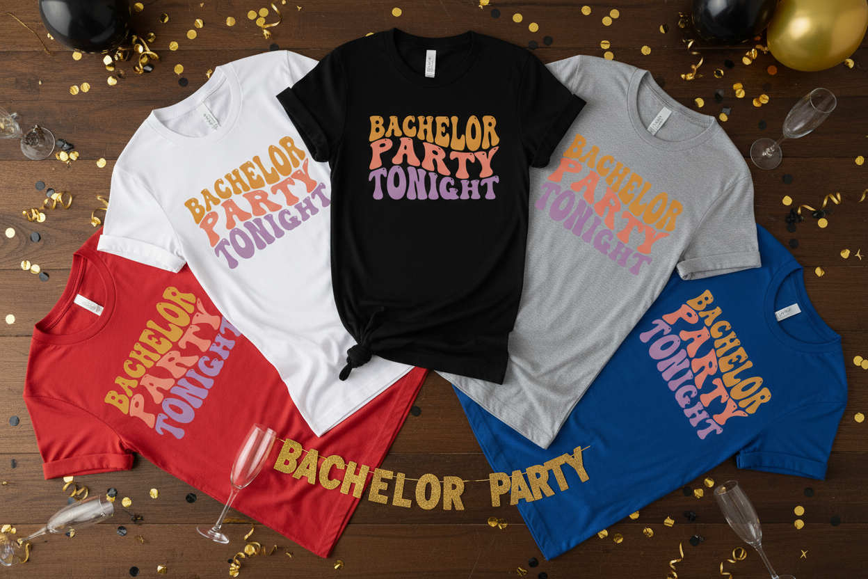 Bachelor Party Tonight tees in all colors on party table