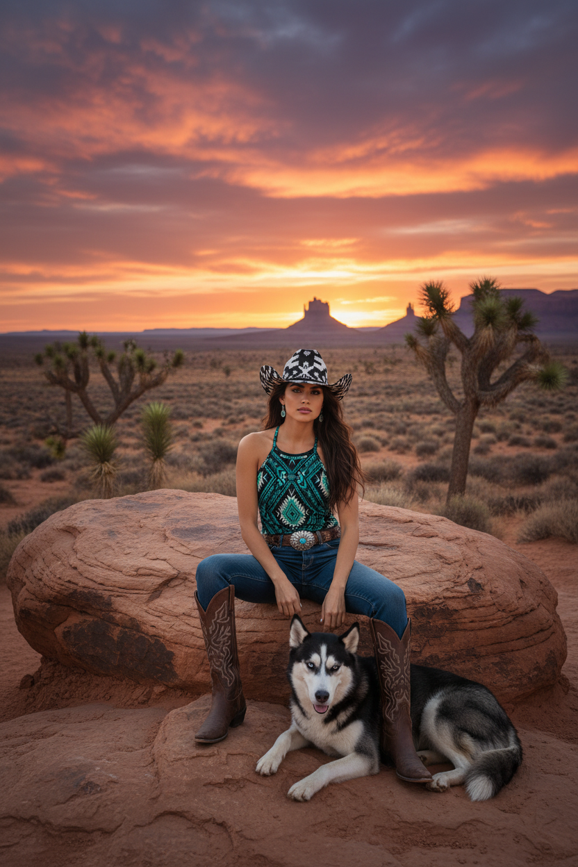 Backroad Blue – Desert Boulder with Husky