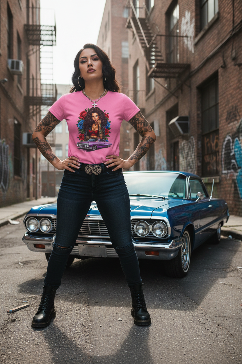 Badass woman wearing azalea lowrider pinup tee
