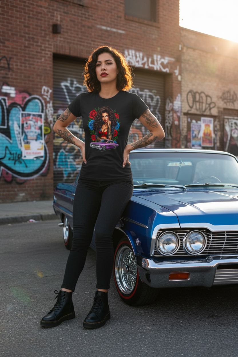 Badass woman wearing black lowrider pinup tee