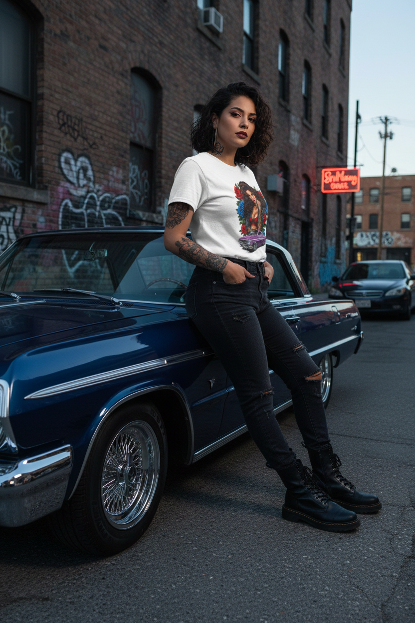 Badass woman wearing white lowrider pinup tee